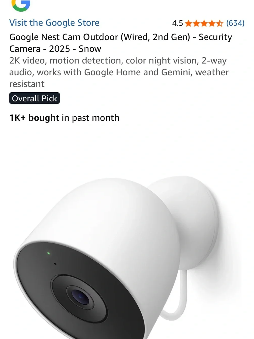 google Nest Cam Outdoor Wired — White and Black Face